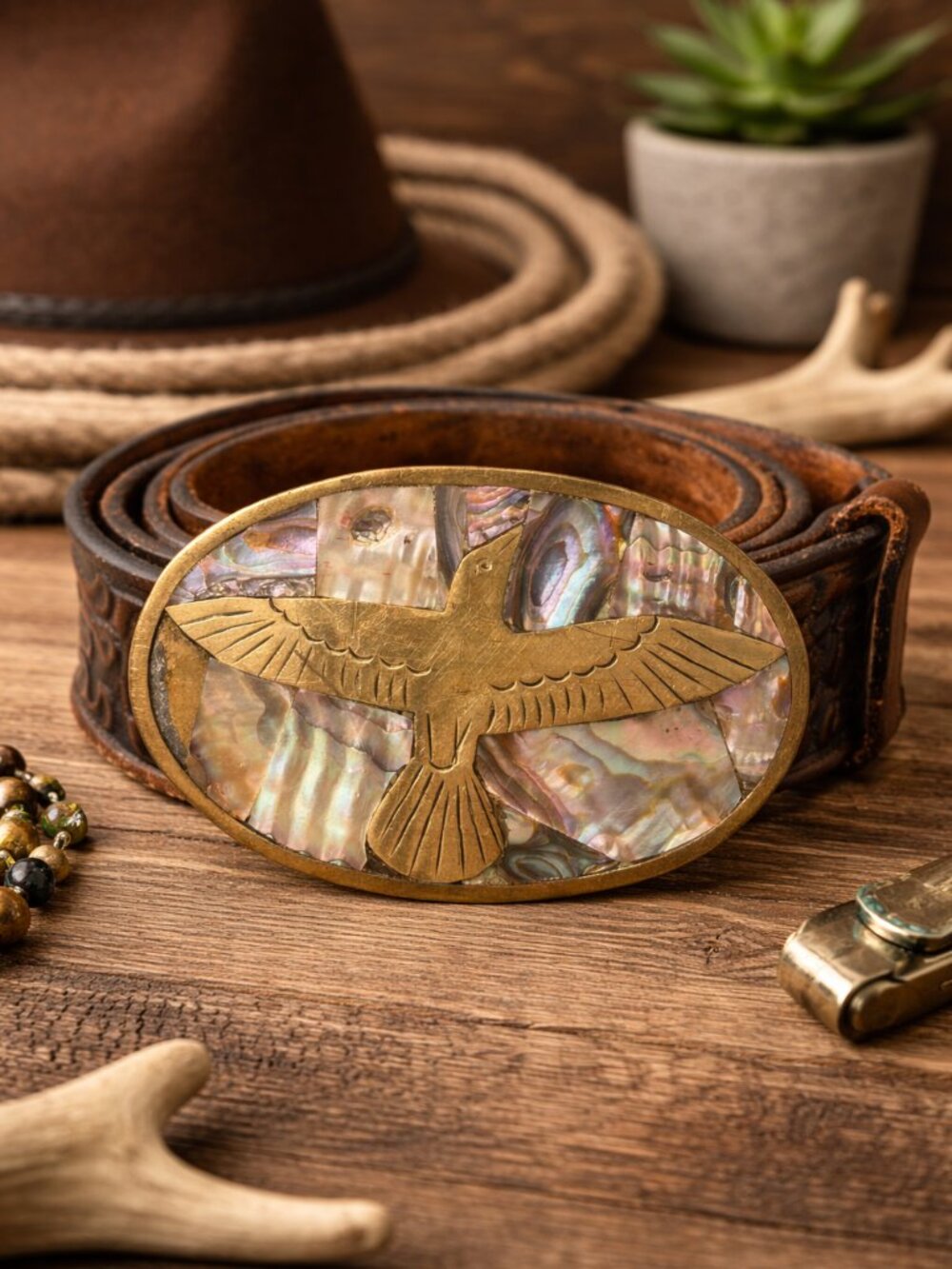 Vintage Brass Eagle Abalone Belt Buckle-Southwestern Statement Buckle